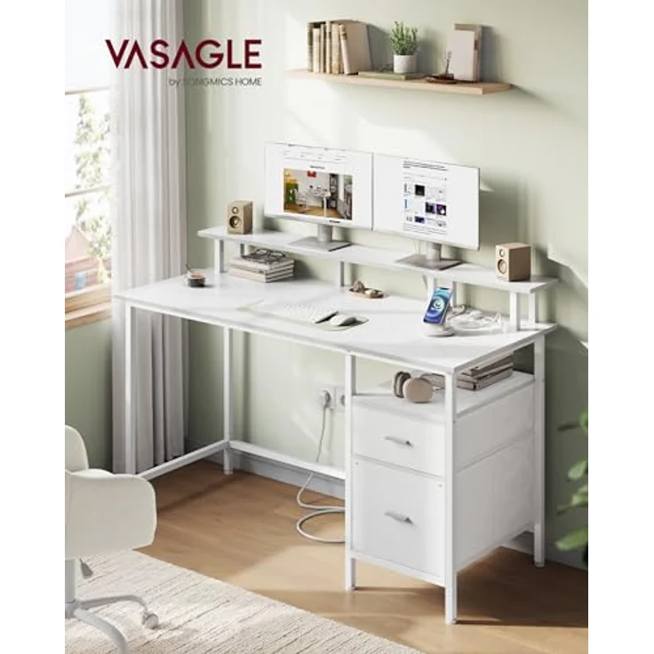 VASAGLE Schreibtisch mit Stoff-Schubladen, Computertisch mit Monitorständer, Bürotisch, 2 AC-Steckdosen, 2 USB-A-Anschlüsse, für Homeoffice, 140x60 cm, ahornweiß LWD094W01V1 – Bild 3