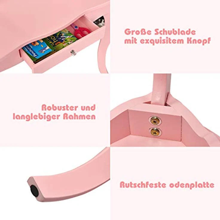 COSTWAY 2 in 1 Kinder Schminktisch mit Hocker, Frisiertisch mit 3-Fach abnehmbarem Spiegel & Schublade, Kosmetiktisch Mädchen Holz, 70 x 34 x 103 cm (Rosa) – Bild 6