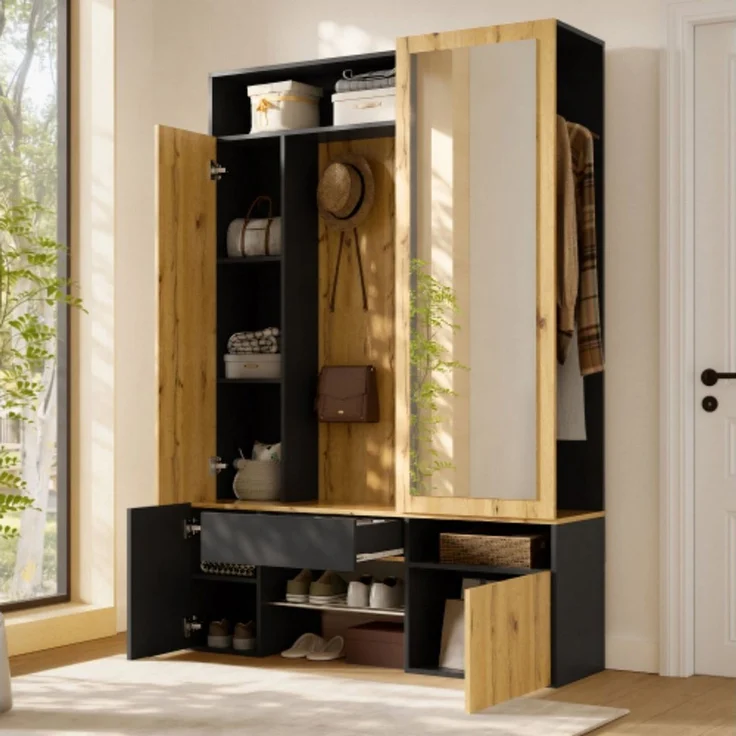 ANYSUN Garderoben-Set Garderobenschrank mit Spiegel, Schuhschrank, Schublade & Kleiderstange, Nur 35 cm tief, mit Haken & Stauraum, belastbar bis 100 kg – Bild 2