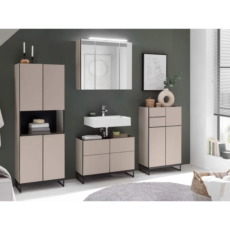 moebel-dich-auf Badmöbel-Set VENEZIA, (inklusive LED-Beleuchtung, kaschmir Spiegelschrank WBU optional mit Hoch-/Highboard), Metall Füße – Bild 5