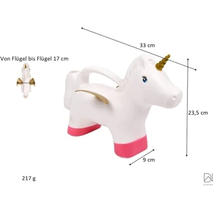 Süße Einhorn Gießkanne 1,7L in Rosa Weiß Gold. Kunststoff Kanne mit Flügeln – Bild 3