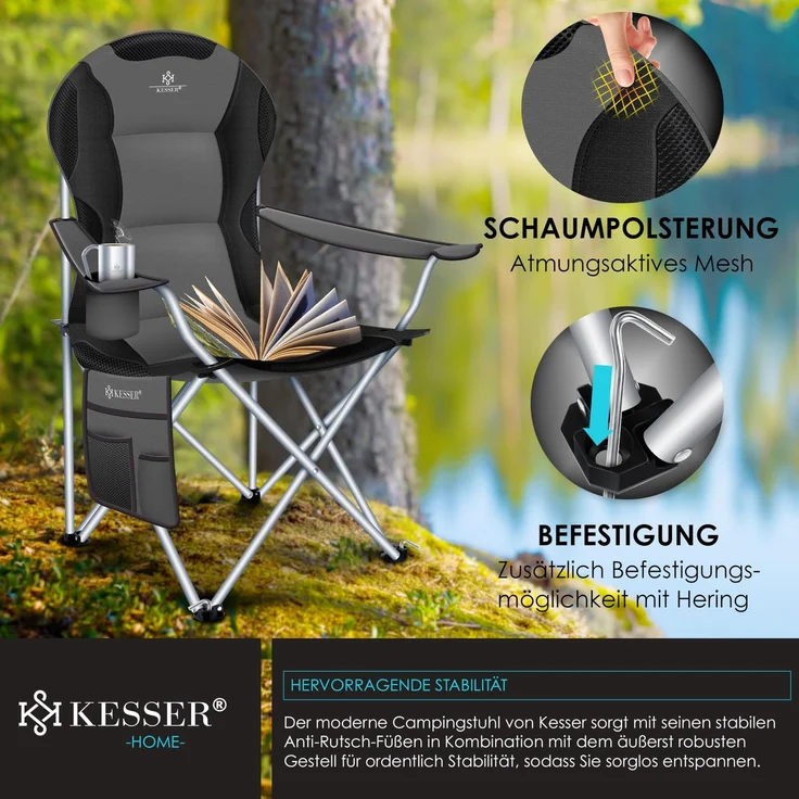 KESSER® Campingstuhl faltbar bis 150 kg Angelstuhl Faltstuhl Klappstuhl Gepolstert mit Armlehnen, Getränkehalter + Tasche mit hoher Rückenlehne, Strandstuhl, Klapphocker Anthrazit / Schwarz – Bild 7