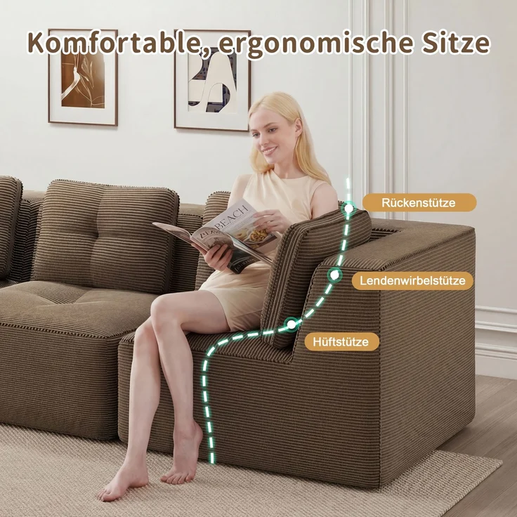 EINHOM Modulares Wohnzimmersofa ohne Gestell, modulares Sektionssofa mit Ottomane, geeignet für das Wohnzimmer, dreisitziges Cord-Sofa mit tiefer Sitzfläche, keine Montage erforderlich, Braun – Bild 6
