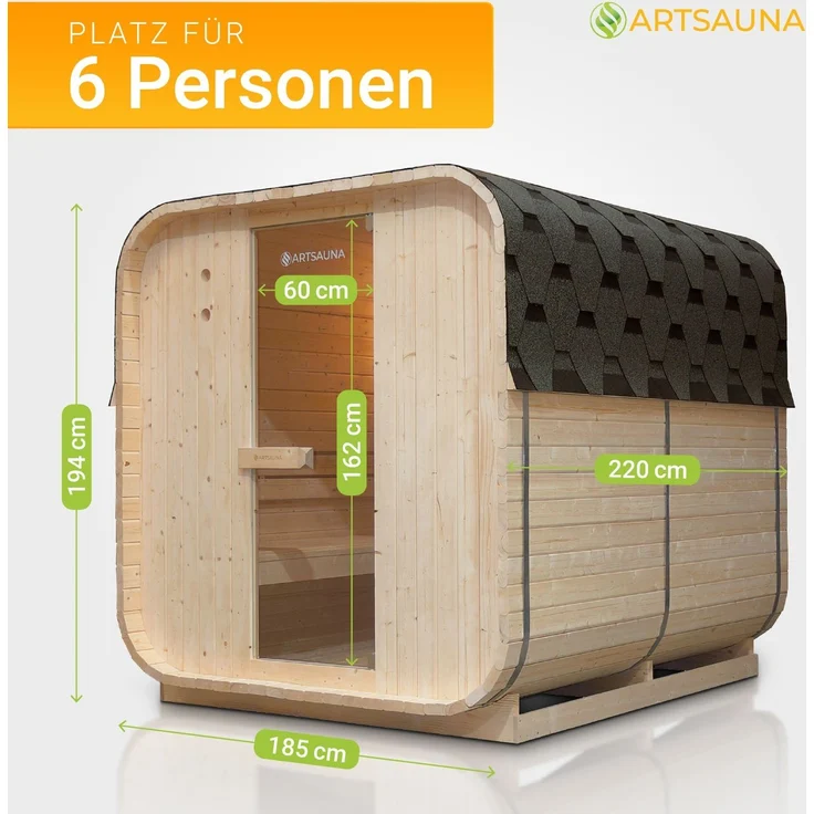 Artsauna Fasssauna Nolvik XL, Outdoor-Sauna aus Fichtenholz, 8 kW Ofen, LED, Komplettset mit Sanduhr, Eimer & Thermometer, winterfest, Cube Design – Bild 4