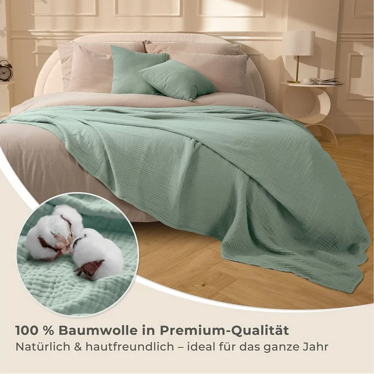 Laynenburg Tagesdecke Musselin aus 100% Baumwolle – Baumwolldecke, Kuscheldecke, Wohndecke als Sommerdecke, Bett-Überwurf, Couch-Überwurf, Sofa-Decke – Bild 4