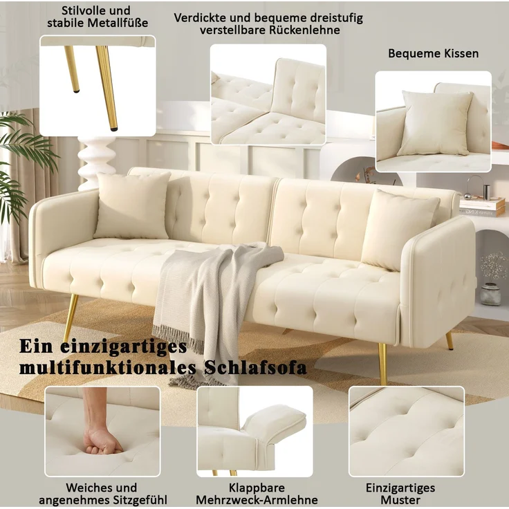 Zweisitzer-Sofabett, verstellbare Rückenlehnen & Armlehnen, Velours, beige, 178x82x70 cm – Bild 5