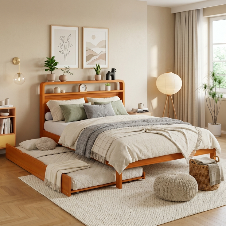 Merax Holzbett, Doppelbett, Kinderbett, 140x200 cm, mit Ausziehbett 90x190 cm, Funktionsbett mit links/rechts montierbarem Gästebett, Natur