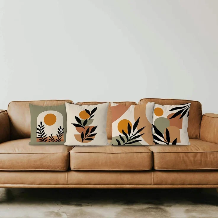 Boho Kissenbezüge 45×45 cm 4er-Set Mid-Century Sun & Leaf, Deko Kissenhüllen, Bohemian Home, Geschenk, Sofa & Bett – Bild 3
