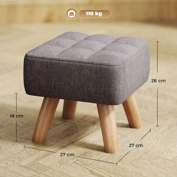MELAYR, Ottomanischer Fußhocker, gepolsterter Stoffsitz mit Holzbeinen, 27 x 27 x 26 cm, grau – Bild 5