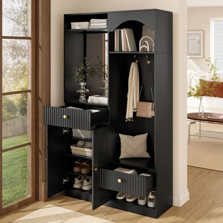 Faumrta Kompaktgarderobe mit Spiegel und Sitzbank,Flurgarderobe mit Schuhschrank und Haken, Kleiderhaken,Kompaktgarderobe,Flurmöbel Set,Flurgarderobe,LED-Streifen mit einstellbarer Farbe100CM*35CM*180CMSchwarzMDF (Medium-Density-Faserplatte) – Bild 3