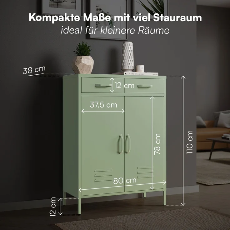 skølm 'Atria' Metallkommode, grün, 110x38x80 cm, mit 2 Schubladen und 2 Fächern – Bild 7