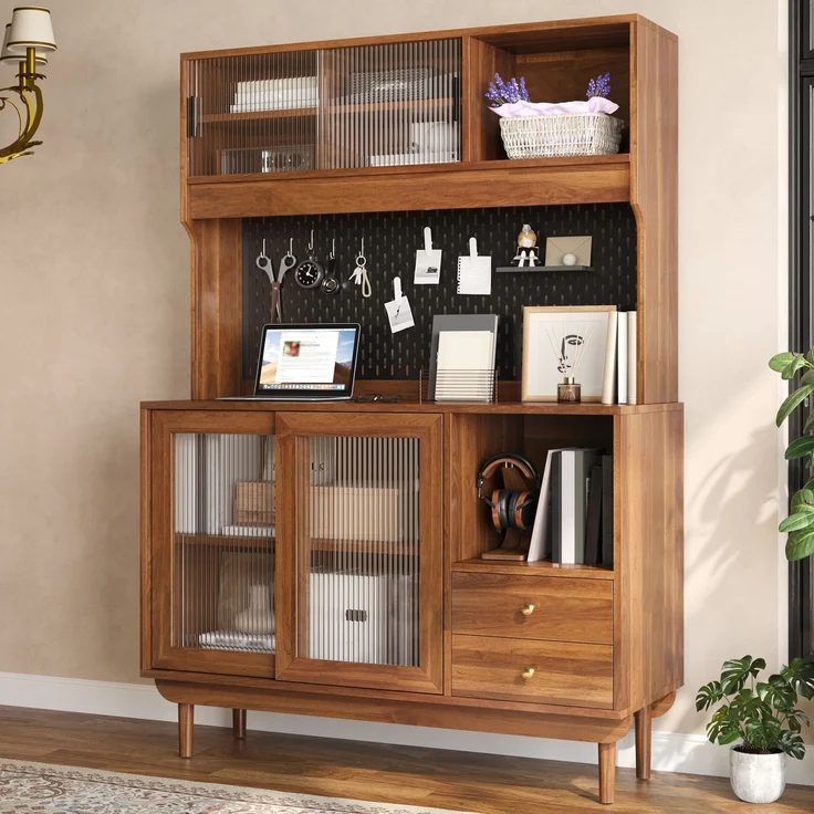 Flieks Küchenbuffet 117 x 30 x 170 cm mit 4 Riffelglas-Schiebetüren, Lochplatten-Rückwand, 2 Schubladen und offenen Fächern, Walnussfarben – Bild 1