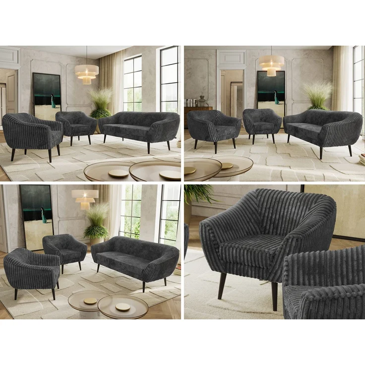 Wohnzimmerset PIRS 1-1-3, Skandinavisches 3-Sitzer Sofa mit Sesseln, Sofa mit Wellenfederung, schwarze Füße, Skandinavisches Möbelset - Grau Cord – Bild 2