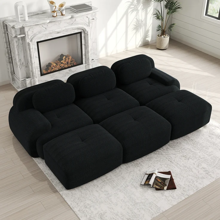 Modulares 3-Sitzer-Sofa mit 3 Hockern aus Cordstoff,montagefreie Lieferung haustierfreundlich ultra-breite Armlehnen 32D hochelastische Polsterung für Wohnzimmer und Heimkino,Cordstoff,Black, – Bild 2