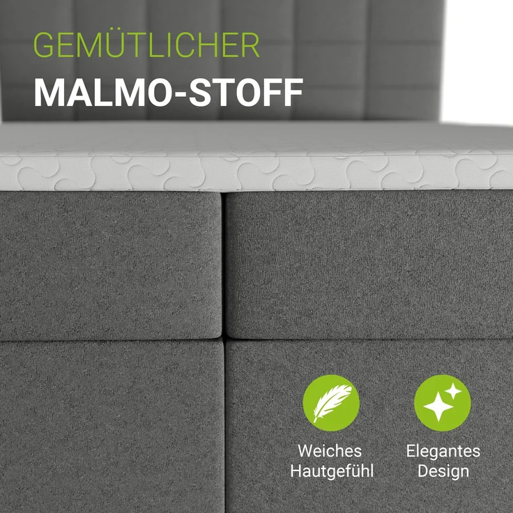 Juskys 'Seattle' Boxspringbett - hoher Komfort, weicher Malmo-Stoff, komfortable Einstiegshöhe, gepolstertes Kopfteil, inkl. Topper - Hellgrau, 180x200 cm – Bild 4