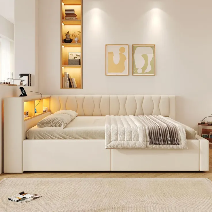 Schlafsofa mit LED-Streifen, Lattenrost, Regal, Rückenlehne, Aufbewahrung, Type-C und USB, 140x200 cm, Polsterbett, Stauraumbett, Tagesbett, Leinen – Bild 2