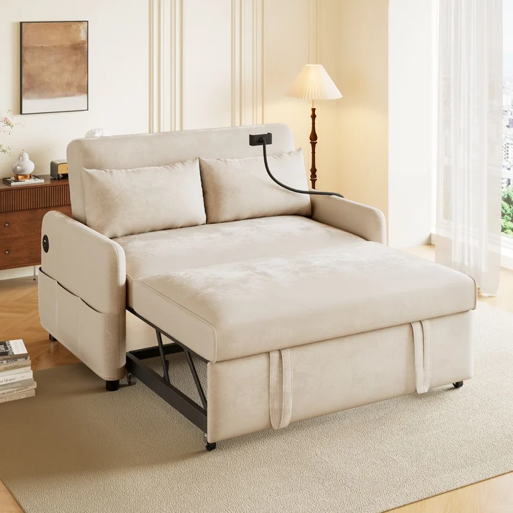 Ausziehbares Schlafsofa 2-Sitzer mit USB-Anschluss & verstellbarer Rückenlehne mit Kissen und Stauraumtaschen,multifunktionales,Beige – Bild 2