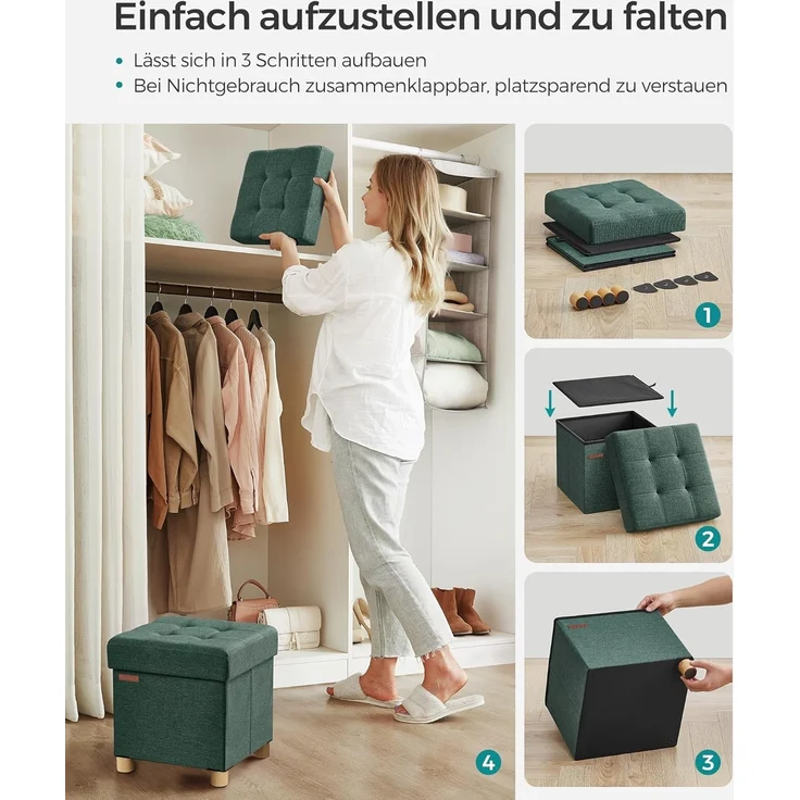 Songmics Sitzbank mit Stauraum, Schuhbank, klappbare Sitztruhe, Aufbewahrungsbox, Fußbank, 38 x 38 x 40 cm, für Wohnzimmer, Schlafzimmer, vintagegrün – Bild 7