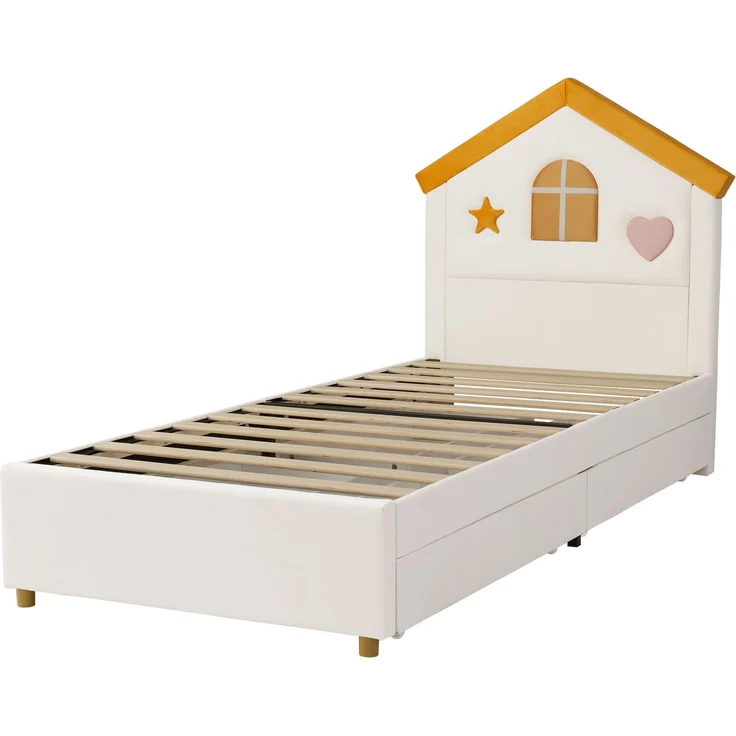 Merax Kinderbett, 90x200 cm, Polsterbett, mit 4 Schubladen, Stauraumbett für Kinderzimmer, Jugendbett mit französischem Samt, gepolstertes Bett mit Haus-Kopfteil, Beige – Bild 8