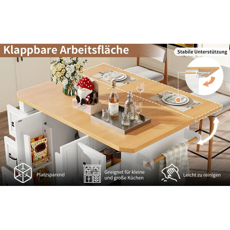 TavilaEcon Küchenwagen mobil, Küchenschrank, Küchenwagen mit 2 Türen & 6 Schubladen weiß 91 × 75 × 120 cm (H × T × B) – Bild 10