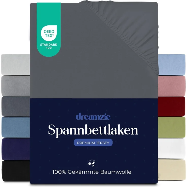 Dreamzie Premium Spannbettlaken 80x200 cm, Spannbetttuch für Dicke Matratzen bis zu 12 cm, Bettlaken 100% Jersey Baumwolle, 150 g/m², Oeko-TEX Zertifiziert - Dunkelgrau – Bild 1