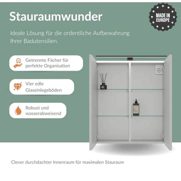 Planetmöbel ARIA Spiegelschrank Bad mit Beleuchtung 70 cm breit | Badschrank hängend mit Spiegel | Weiß Grau, mit Leuchte und Steckdose, Spiegelschrank Gäste WC 70 x 70 x 16 cm – Bild 5