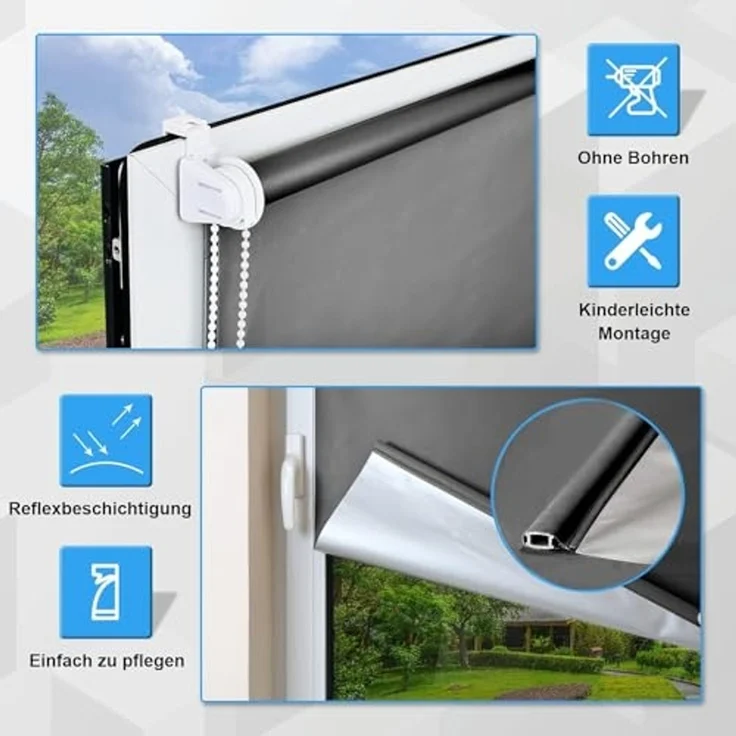 Verdunklungsrollo ohne Bohren Rollos für Fenster B85 x H170 cm (Stoffbreite 80cm) Dunkelgrau Thermo Rollo Klemmfix Verdunkelungsrollo Seitenzugrollo Sicht-und Sonnenschutz Wandmontage – Bild 3