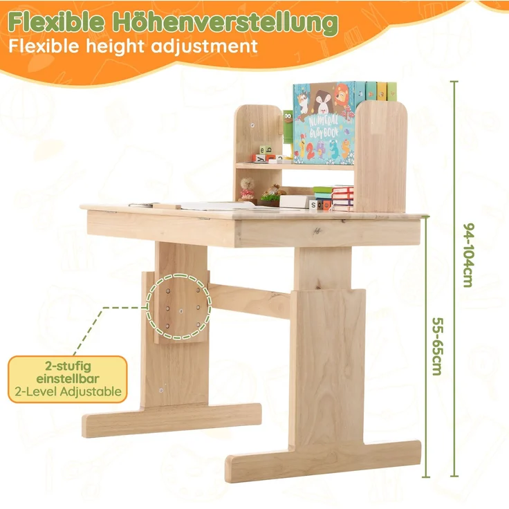 Kinderschreibtisch aus Massivholz, höhenverstellbar & neigbare Tischplatte, 80x80x94 cm, Natur – Bild 6