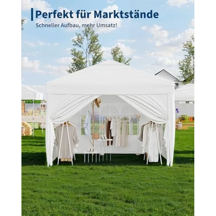 Faltpavillon 3x3 m wasserdicht stabil mit 4 Seitenwänden – Pop up Pavillon faltbar aus 420D Oxford, UV-Schutz 50+, 3-Fach höhenverstellbar, Partyzelt mit Tragetasche für Garten & Outdoor (Weiß) – Bild 7