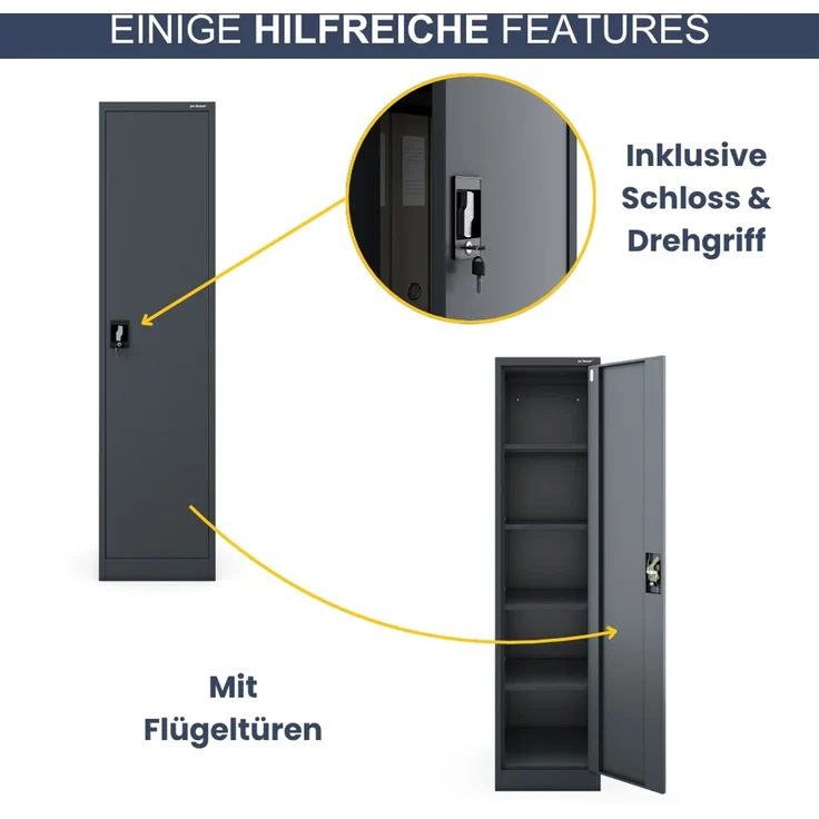 Aktenschrank abschließbar KADO - 5 Ebenen verstellbar, Flügeltüren | Metallschrank Werkstatt Mehrzweckschrank Büroschrank aus Stahl Werkzeugschrank, 185 x 45 x 60 cm Anthrazit – Bild 5