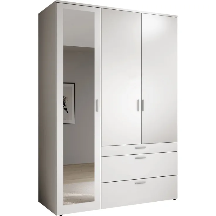 Kleiderschrank >Vesala< in Weiß mit Spiegel, Melamin - 135x195x56cm (BxHxT)