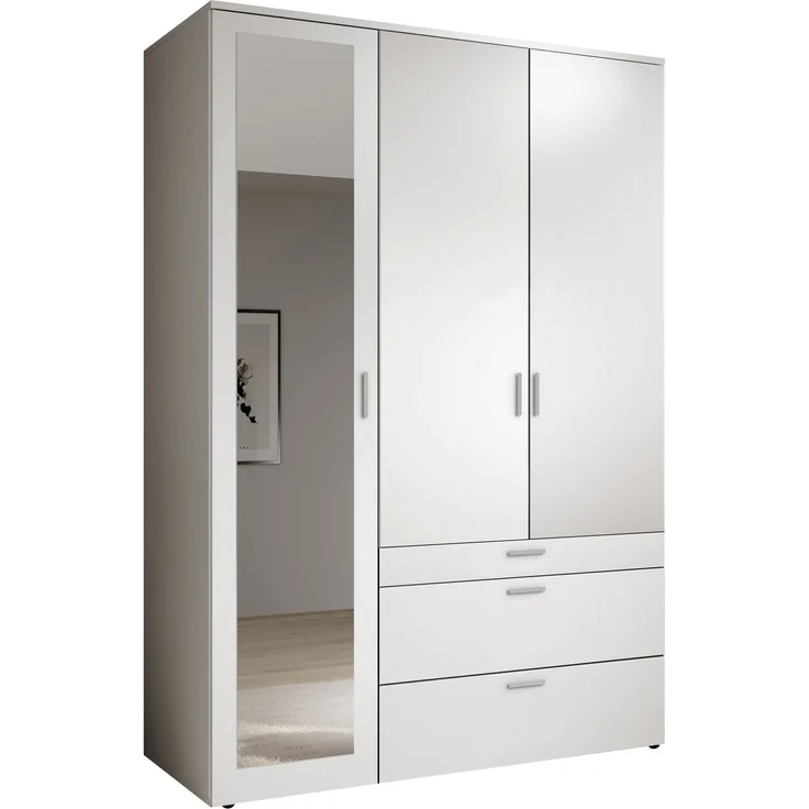 Kleiderschrank >Vesala< in Weiß mit Spiegel, Melamin - 135x195x56cm (BxHxT) – Bild 1