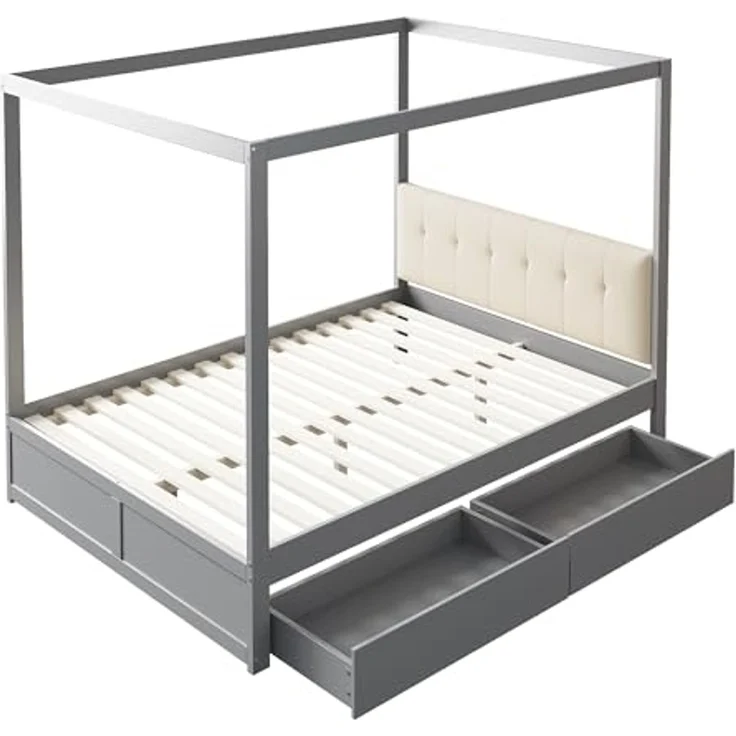 Ball & Cast Himmelbett 140 * 200 cm mit großen Schubladen und weicher Rückenlehne, Holz Bett Grau – Bild 6