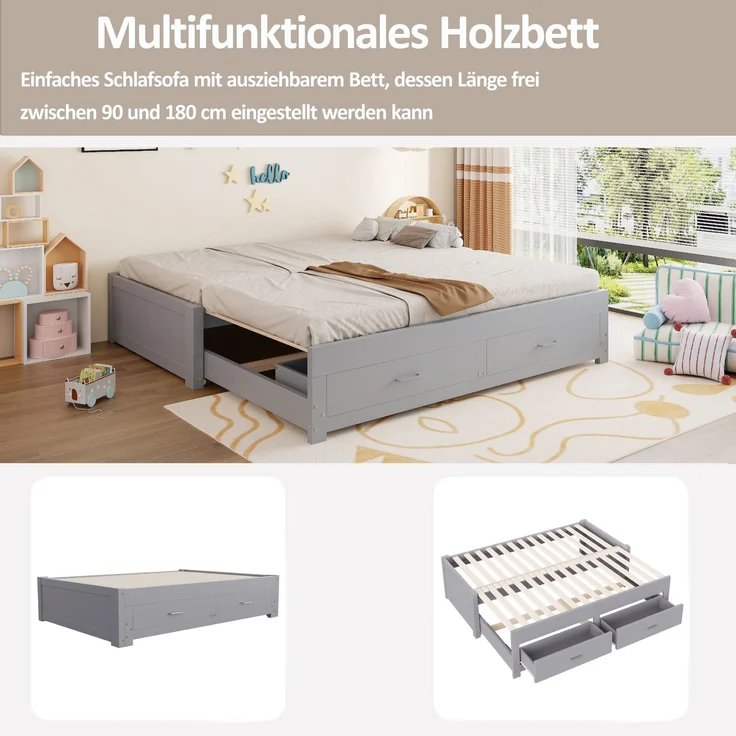 ZUBALIYA Tagesbett 90/180 × 190 cm, Holz, Ausziehbett, Schubladen, Lattenrost, Grau – Bild 5