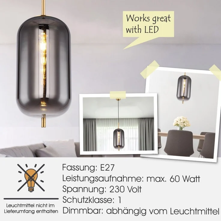 Hängelampe Esszimmer Hängeleuchte Wohnzimmer Rauchglas Pendelleuchte Küche – Bild 5