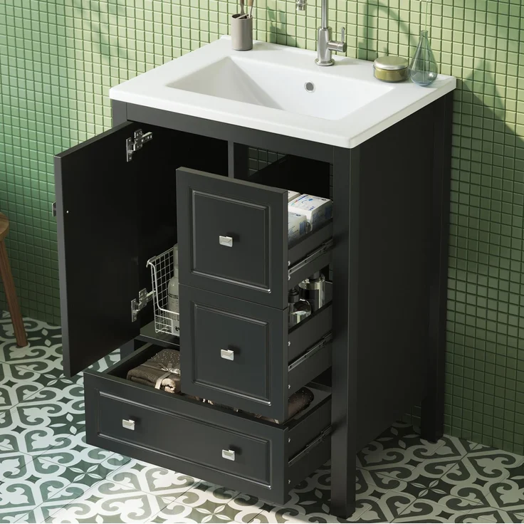 Waschtischunterschrank mit Keramikbecken 62 x 47 x 90 cm – Schwarz, 3 Schubladen und 1 Tür – Bild 3