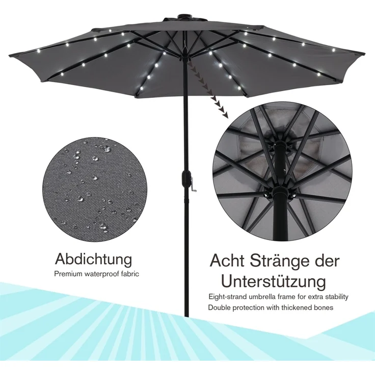 Sonnenschirm Marktschirm Ø3m LED grau Beleuchtung Strandschirm Gartenschirm UV – Bild 3