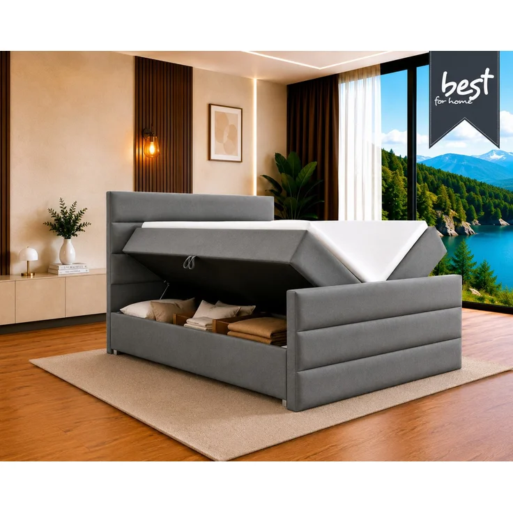 Best for Home Boxspringbett Trinity K-1 LUX, modernes Boxspringbett mit Stauraum, 7-Zonen-Federkernmatratze und PUR-Schaum-Topper, verschiedene Farben verfügbar