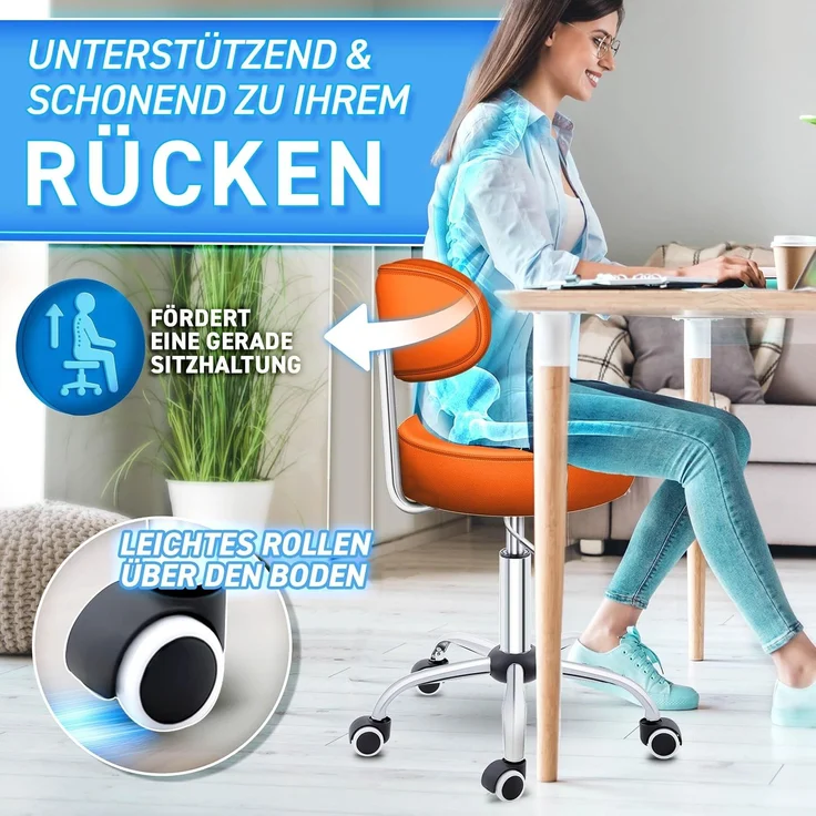 TRESKO Rollhocker Orange mit Lehne Arbeitshocker Hocker Drehhocker Kosmetikhocker Praxishocker – Bild 7