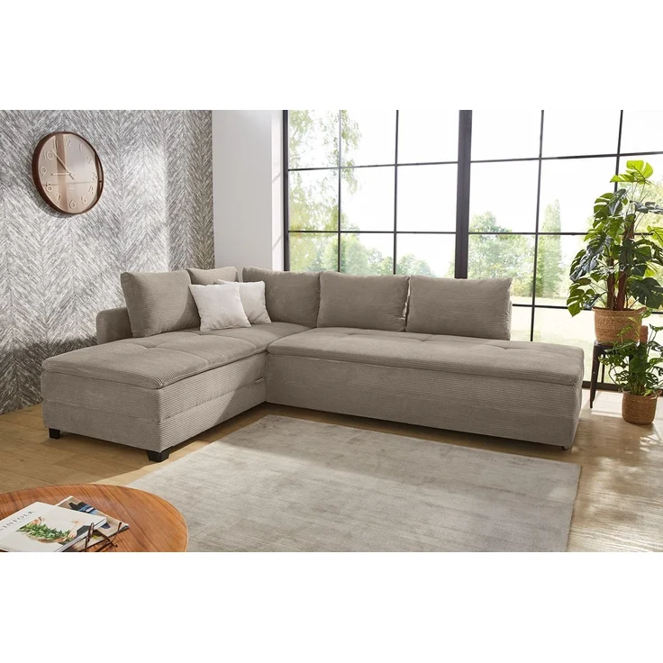 Ecksofa-Dauerschläfer Doppelbett Federkern Bettkasten Couch in Cord Braun Taupe – Bild 2