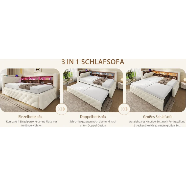 ZUBALIYA Tagesbett, mit Stauraum, mit LED-Beleuchtung, mit USB-C-Anschluss, inklusive Lattenrost, mit Schlaffunktion, Liegefläche 90 × 190 cm, H 84 × T 211 × B 181 cm, Beige, Samt – Bild 14