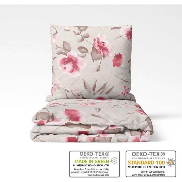LINKHOFF Bettwäsche Blumen Bettwäsche 135x200 oder 155x220 Creme Beige, Flanell Biber Bettwäsche mit Reißverschluss, Rosen Motiv, Floral – Bild 2