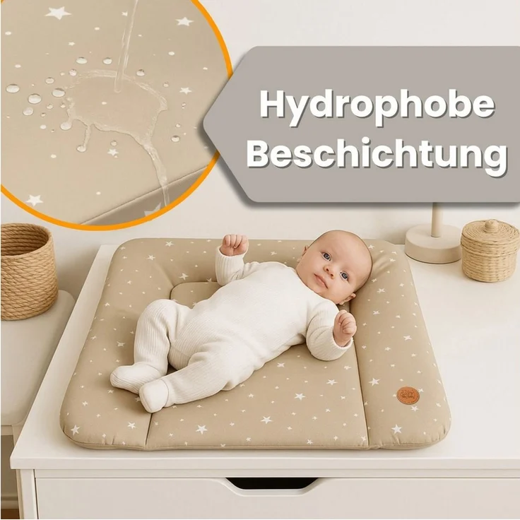 Wickelauflage Wickelunterlage abwaschbar und wasserdicht 70x50 cm - Wickelmatte zum Auflegen auf Wickeltisch Wickelaufsatz Wickelkommode oder Waschmaschine changing mat 70x50 Beige mit Weiß Sternen – Bild 3