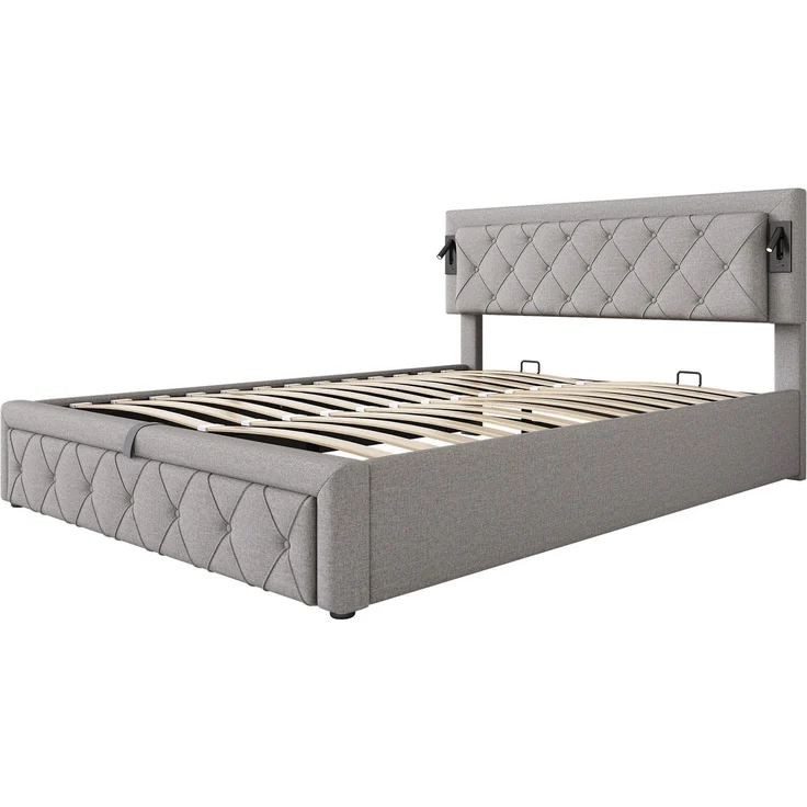 Polsterbett mit LED-Beleuchtung und Lattenrost, Kopfteil mit Spots, Type-C und USB Anschlüssen, 160x200 cm, gepolsterter Kopfteil, Doppelbett, Stauraumbett, Leinen – Bild 8