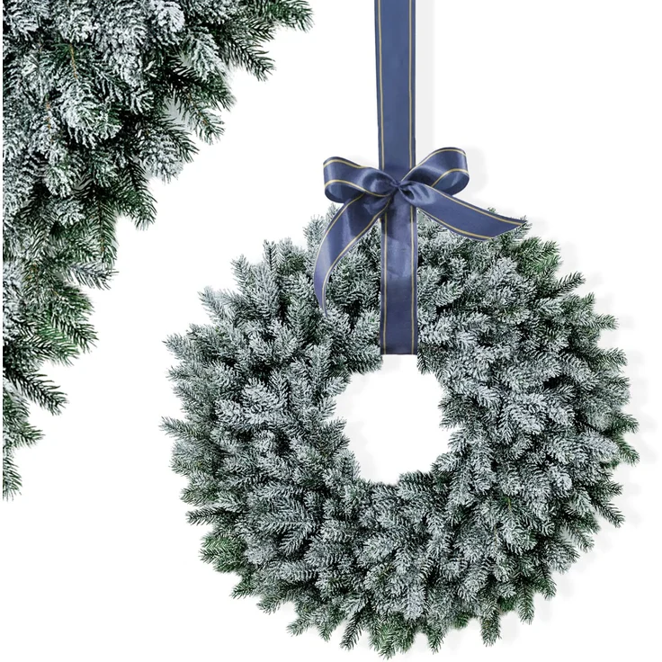EveXmas Altair Premium Weihnachtskranz Grün-Weiß 60 cm beschneit, künstlicher Türkranz mit Schneeflock, 136 Zweige, 816 PE-Spritzguss-Triebe, Doppelrahmen – Bild 1