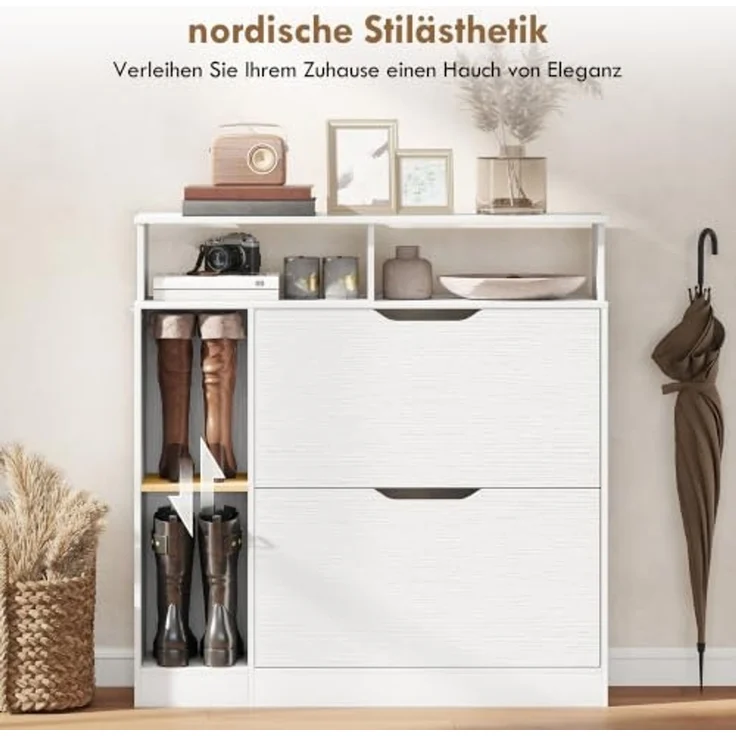 HOMCOM Schuhkipper Schuhaufbewahrung Schuhkommode mit 2 Klappen, schmal, offenem Fach (Schuhschrank, 1 St, Schuhregal), für Flur, Eingang 89 x 25 x 92 cm Weiß – Bild 7