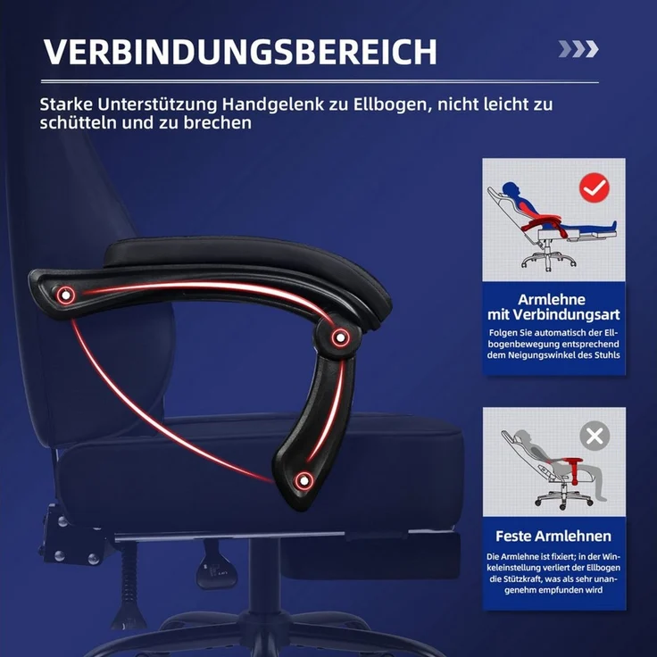 Hiazurm Gaming-Stuhl Gaming Stuhl, Bürostuhl mit Fußstütze,Klappbare gepolsterte Armlehnen (Bürostuhl Chefsessel Wippfunktion bis zu 170), Ergonomischer Gamer Stuhl 150 kg Belastbarkeit – Bild 2