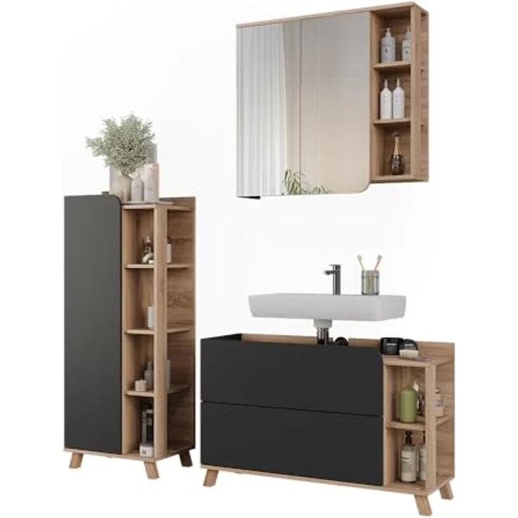 Vichy Badmöbelset Karen, 3-teiliges Möbelset in Sonoma/Anthrazit mit Waschbeckenunterschrank und Spiegelschrank, moderner Design und geräumiger Stauraum – Bild 6