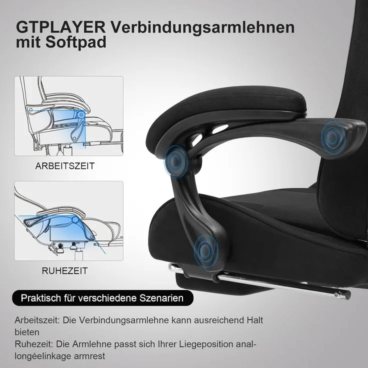 GTPLAYER Gaming Stuhl Stoff, Bürostuhl Massage Gaming Sessel Ergonomischer Gamer Stuhl mit Fußstütze, Kopfstütze Massage-Lendenkissen, Gepolstert Gaming Chair, Drehsessel, weiß – Bild 3
