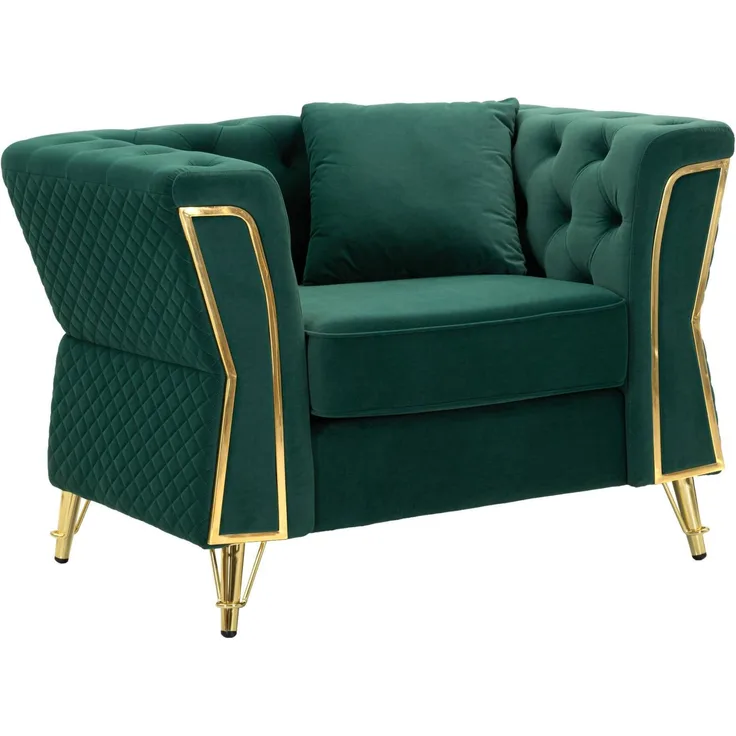 Dmora Sessel Gabbiano, Gepolsterter Sitz, Einzelsofa im Wohnzimmer, Stuhl mit Armlehnen, 104x83 h76 cm, Grün Gold